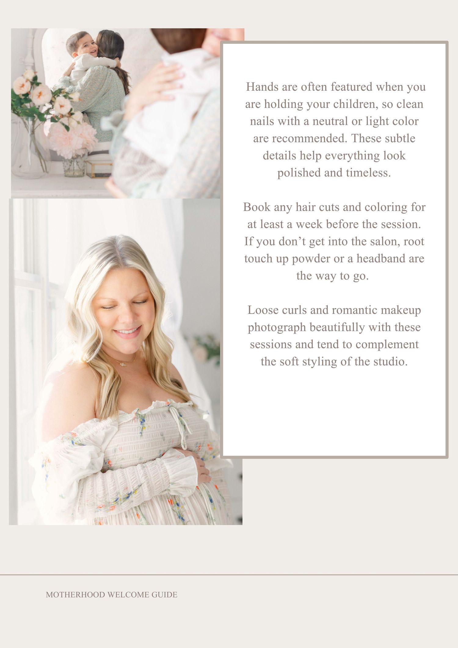 Soft pink and white photography guide pages showing styling tips and beauty preparation details for photos in Midlothian Virginia