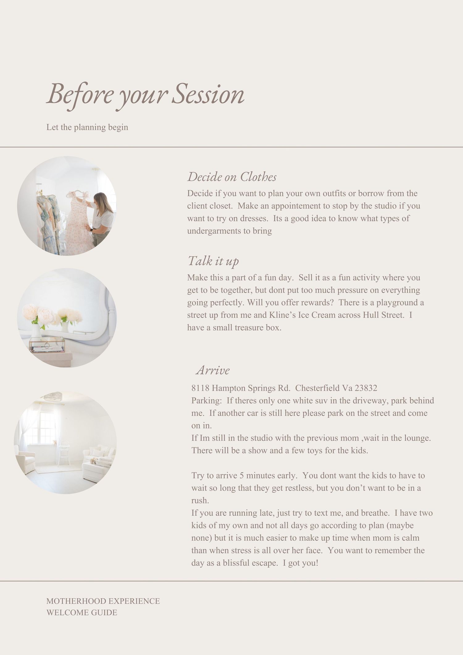 Photography planning checklist for a session in Moseley Virginia