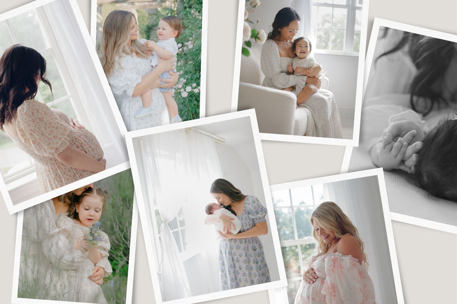 A collage of maternity photos showing pregnant women in flowing dresses posing near windows and gardens.
