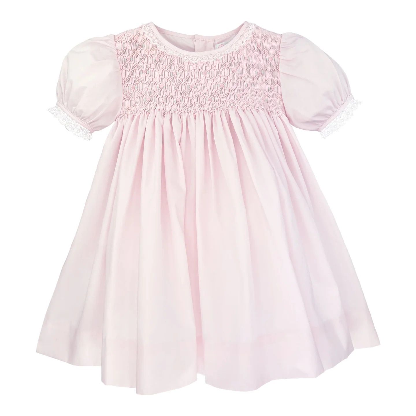 Pink smocked baby dress with puff sleeves and delicate embroidery details shown in multiple views.