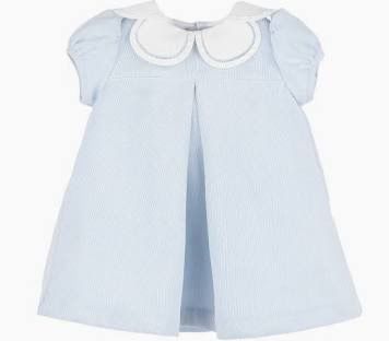Light blue and white peter pan collar baby dress with short puff sleeves shown from multiple angles.