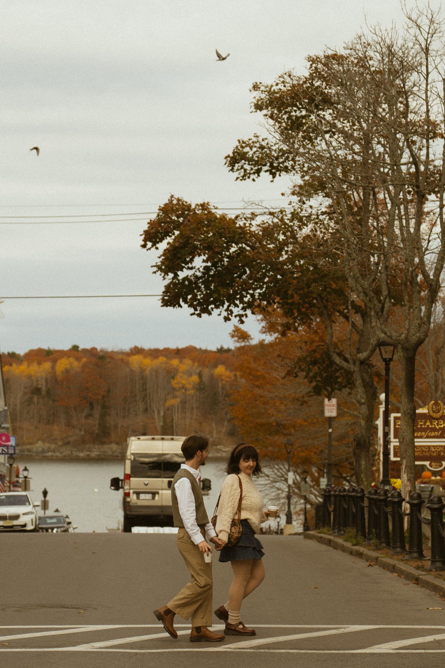 Couple walking in Bar Harbor Maine