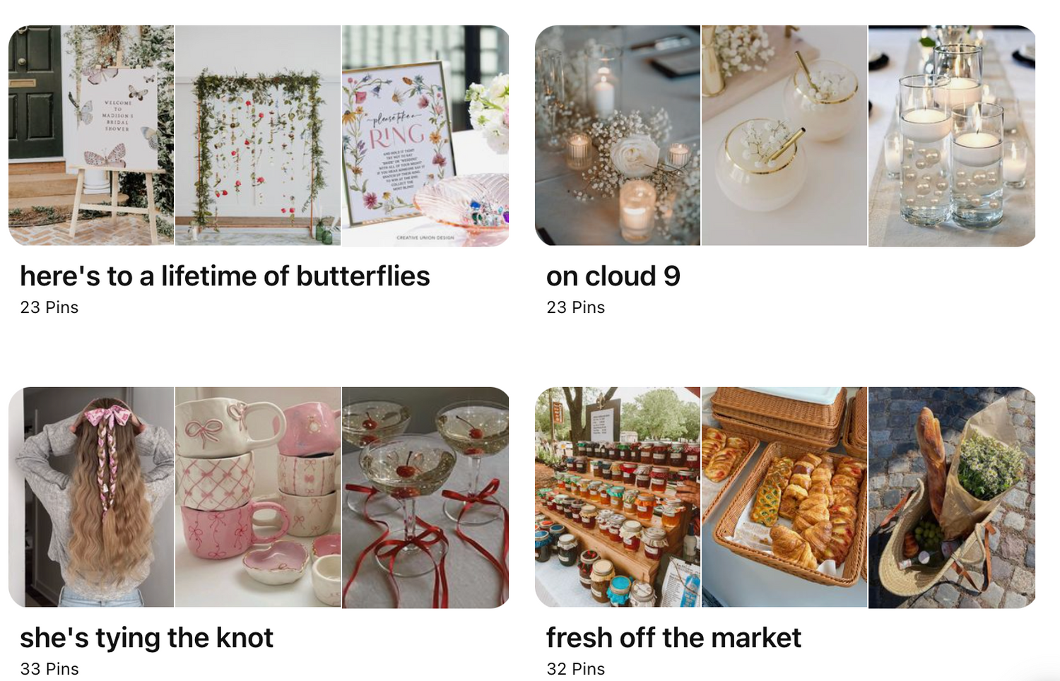Collection of wedding mood boards showing romantic butterfly decor, pink floral arrangements, and vintage-inspired table settings.