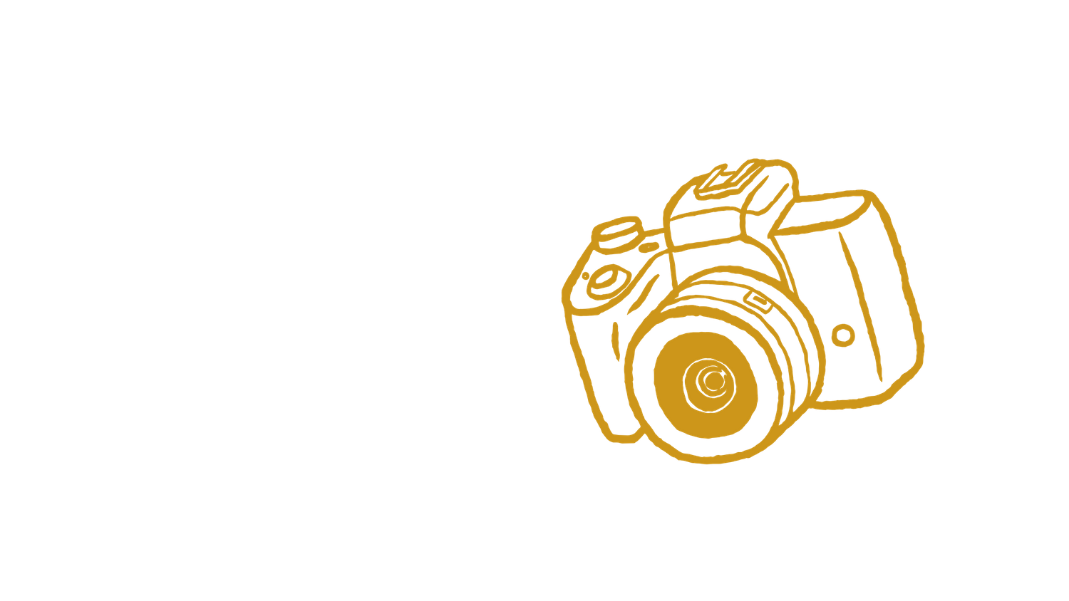 Gold line art illustration of a DSLR camera on black background.