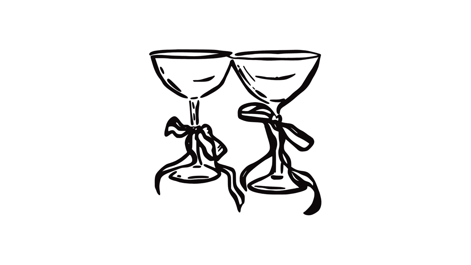 Two wine glasses illustrated in a minimalist black line drawing style.