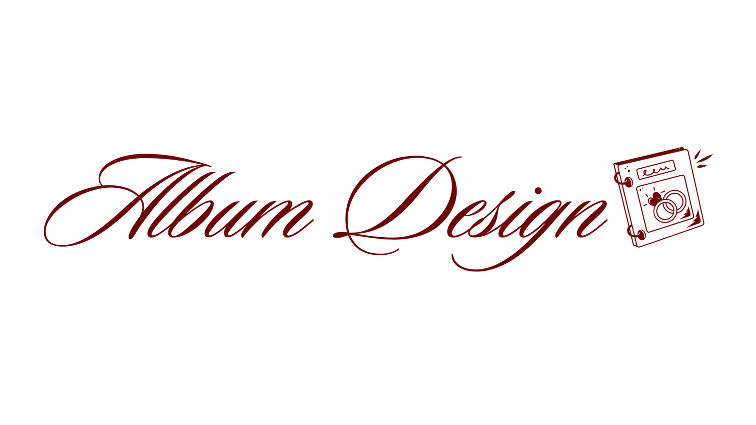 Stylized red script text logo design for Album Design with decorative camera icon.