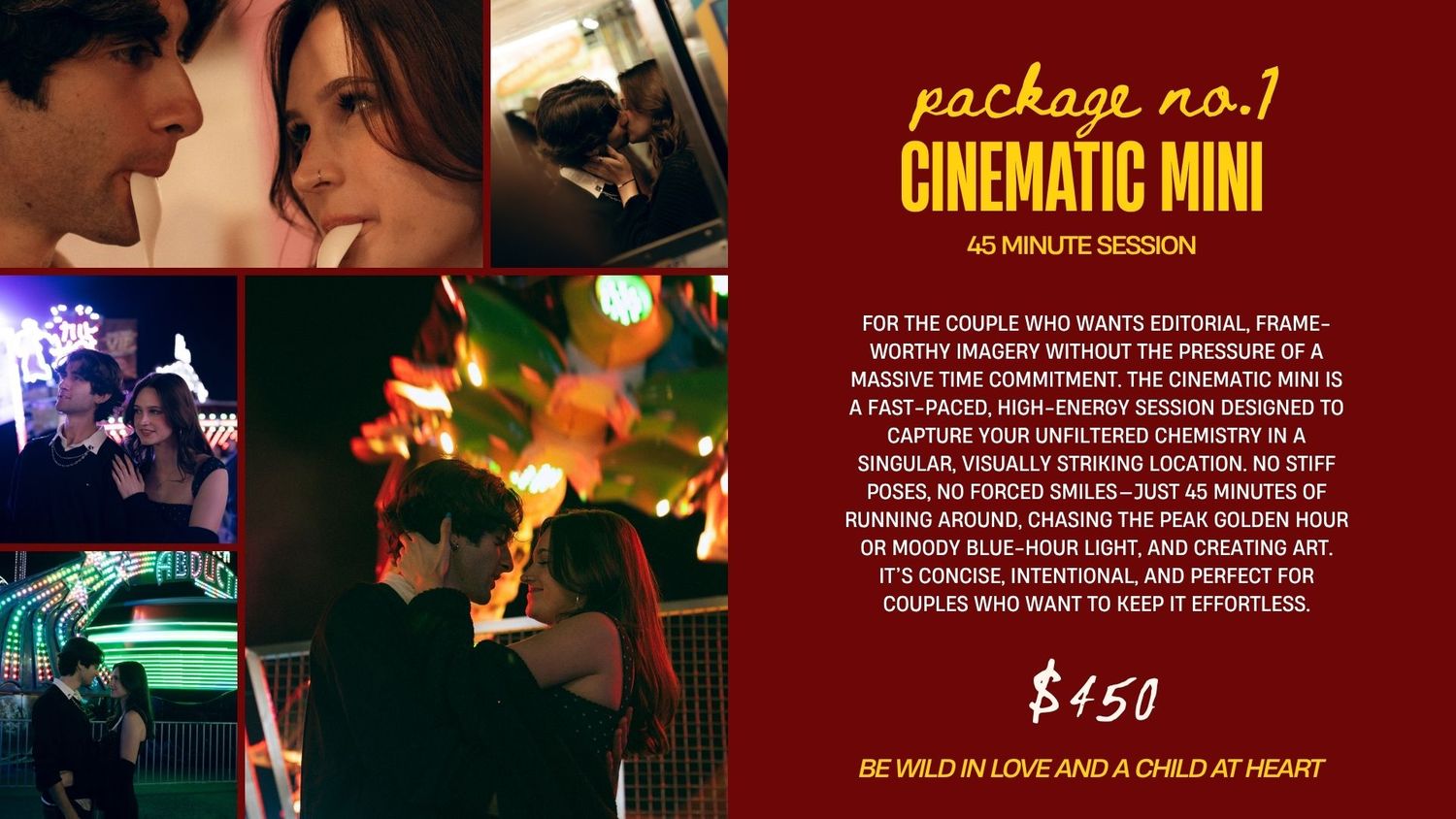 Cinematic mini photography package promotional flyer featuring couple portraits with golden hour lighting and package pricing details.
