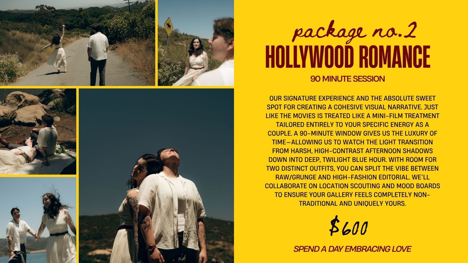 Hollywood Romance 90-minute couples photography package promotional flyer with outdoor shoot samples and $600 pricing.