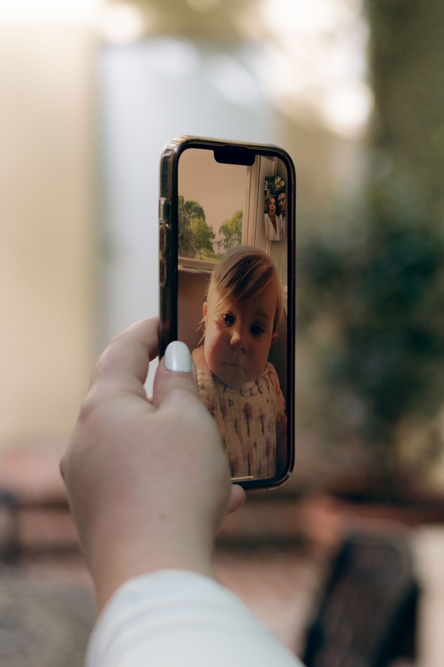 A sequence of smartphone screens showing video chat interaction displayed in natural lighting conditions.
