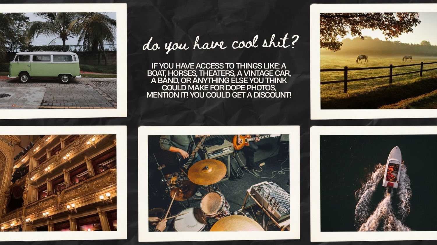 A montage of musical performance images including guitars, drums, and stage equipment in various settings and angles.