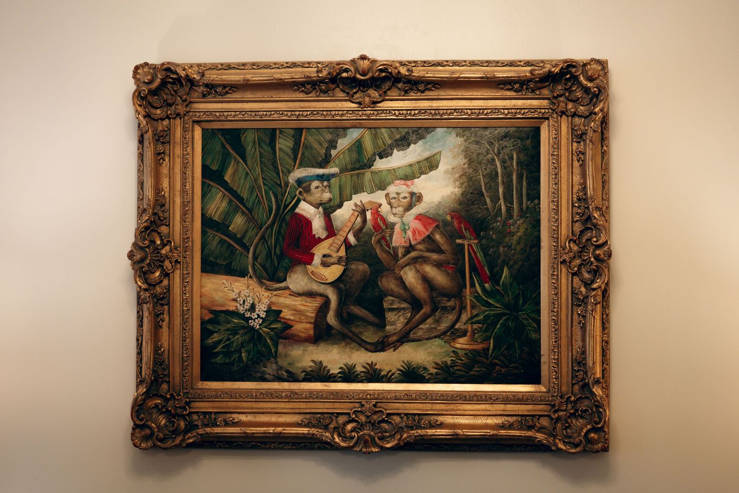 Classic oil painting in ornate gold frame depicting a dramatic hunting scene in the wilderness.
