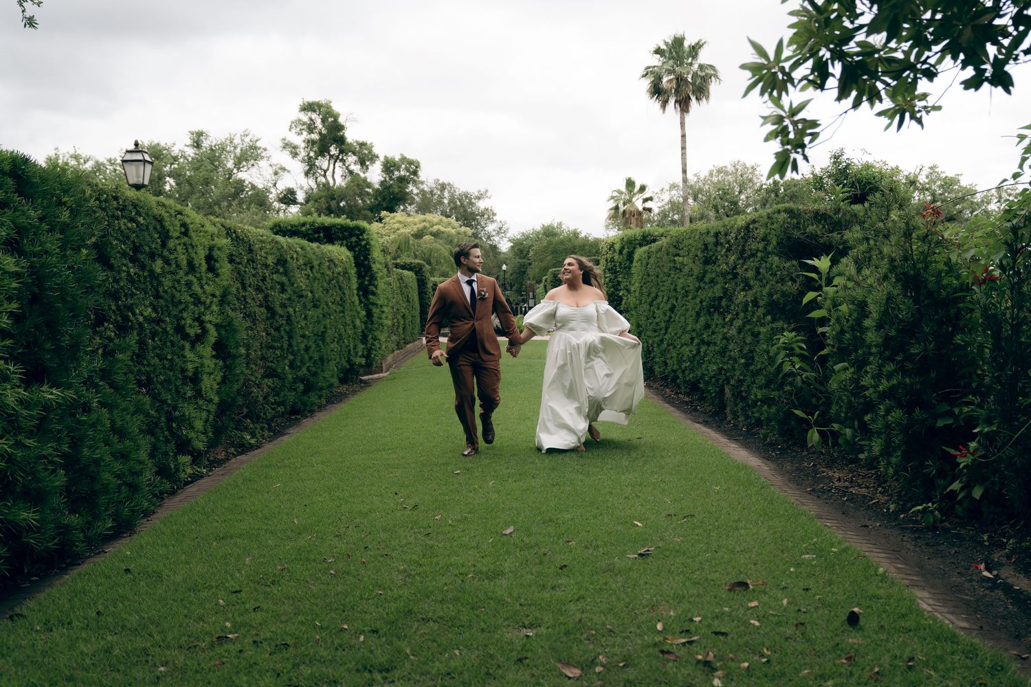 A winding path lined with manicured hedges creates a romantic garden walkway setting on a sunny afternoon.