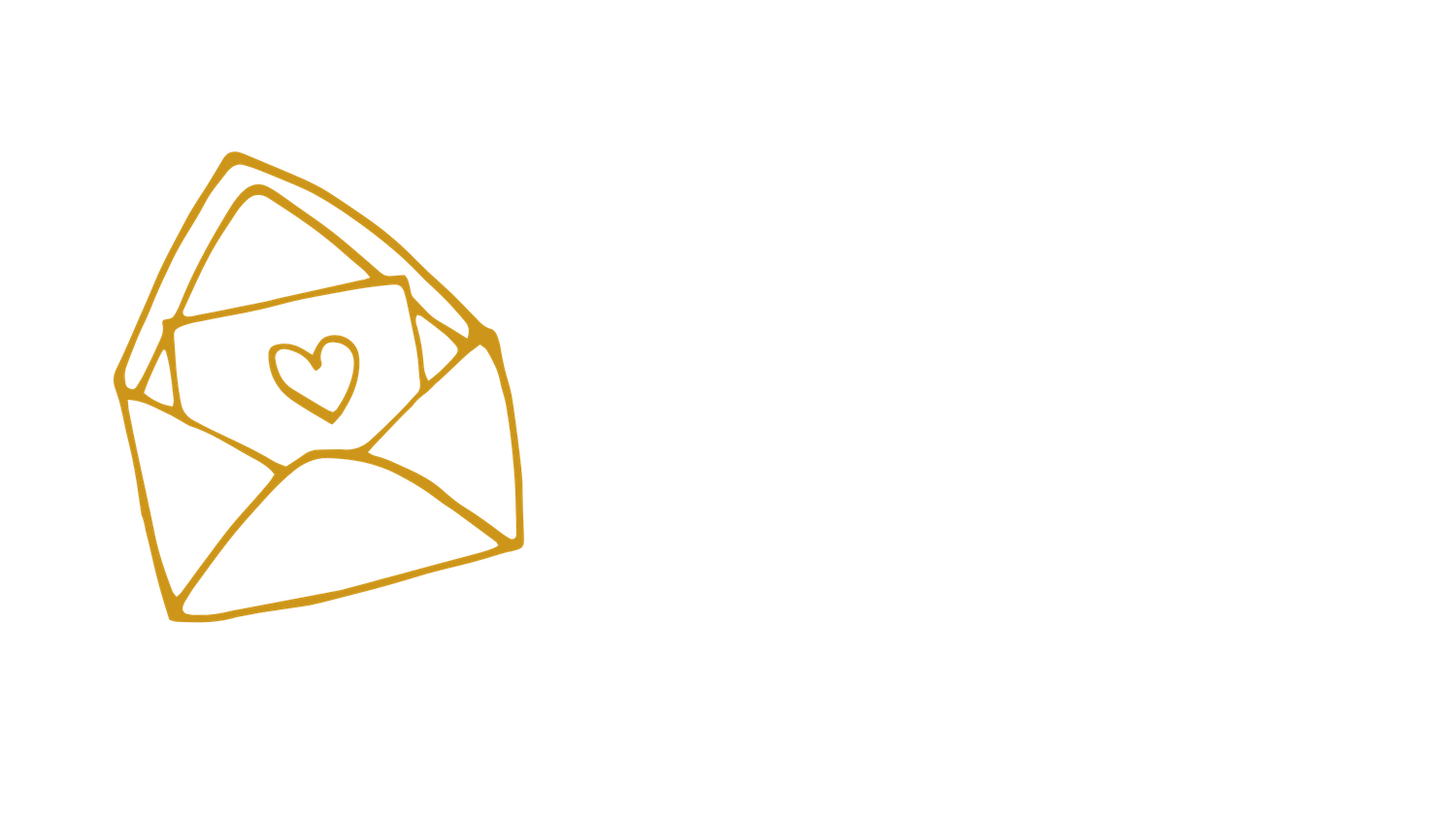 Simple gold line drawing of a love letter envelope with heart on black background.