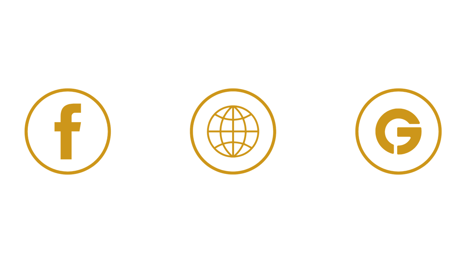 Three golden circular social media icons including Facebook, web globe, and Google symbols.
