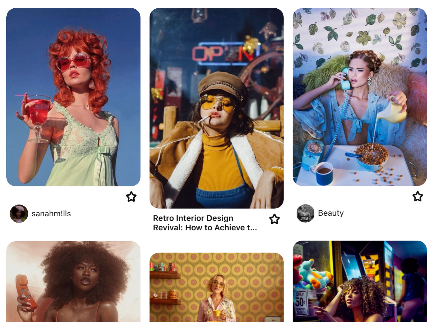 A curated collage of vintage-inspired fashion and lifestyle photographs with retro aesthetics and vibrant color palettes.
