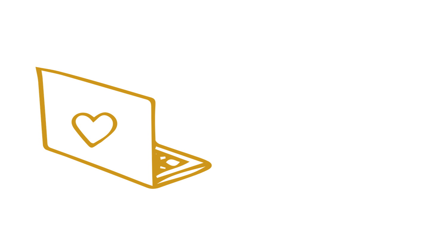 Minimalist gold line drawing of a laptop with heart symbol on black background.