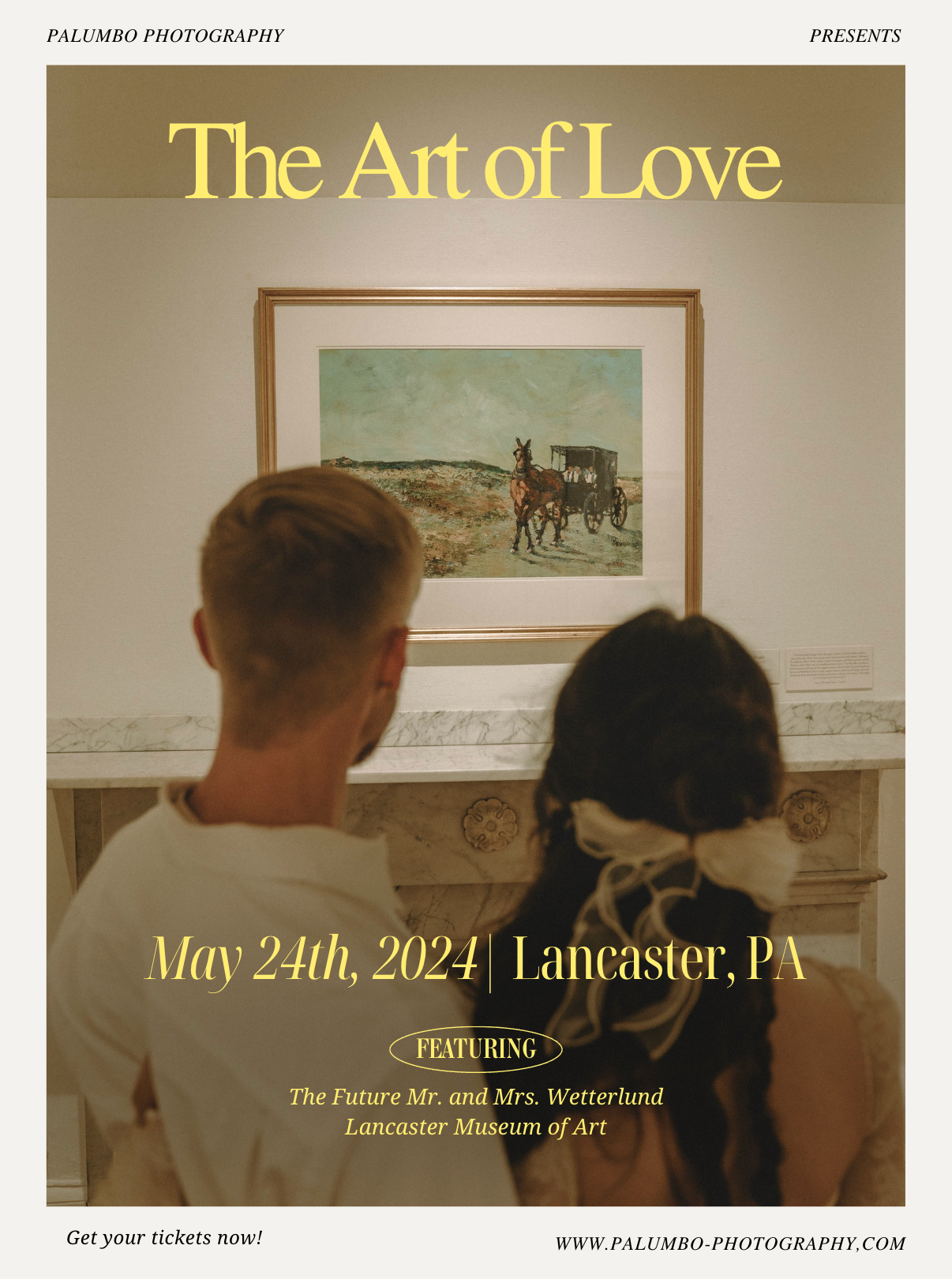A promotional poster for 'The Art of Love' photography event featuring a couple viewing artwork in a gallery.