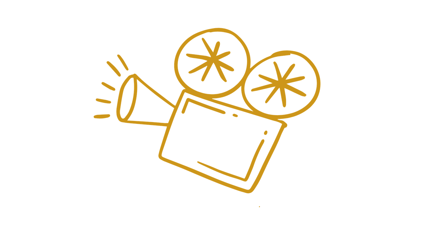 Golden cinema movie projector icon illustrated with neon lights against dark background.