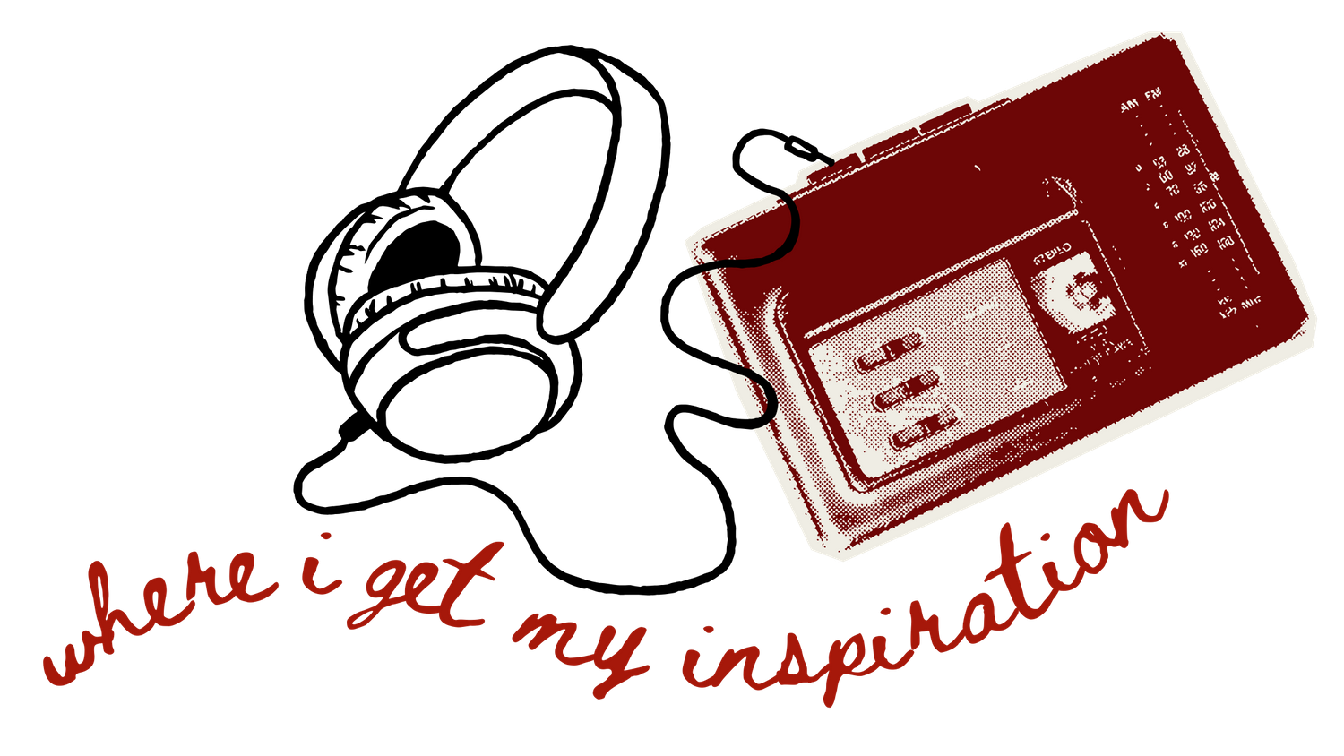 A retro cassette tape with red text reading 'what i get my inspiration'.