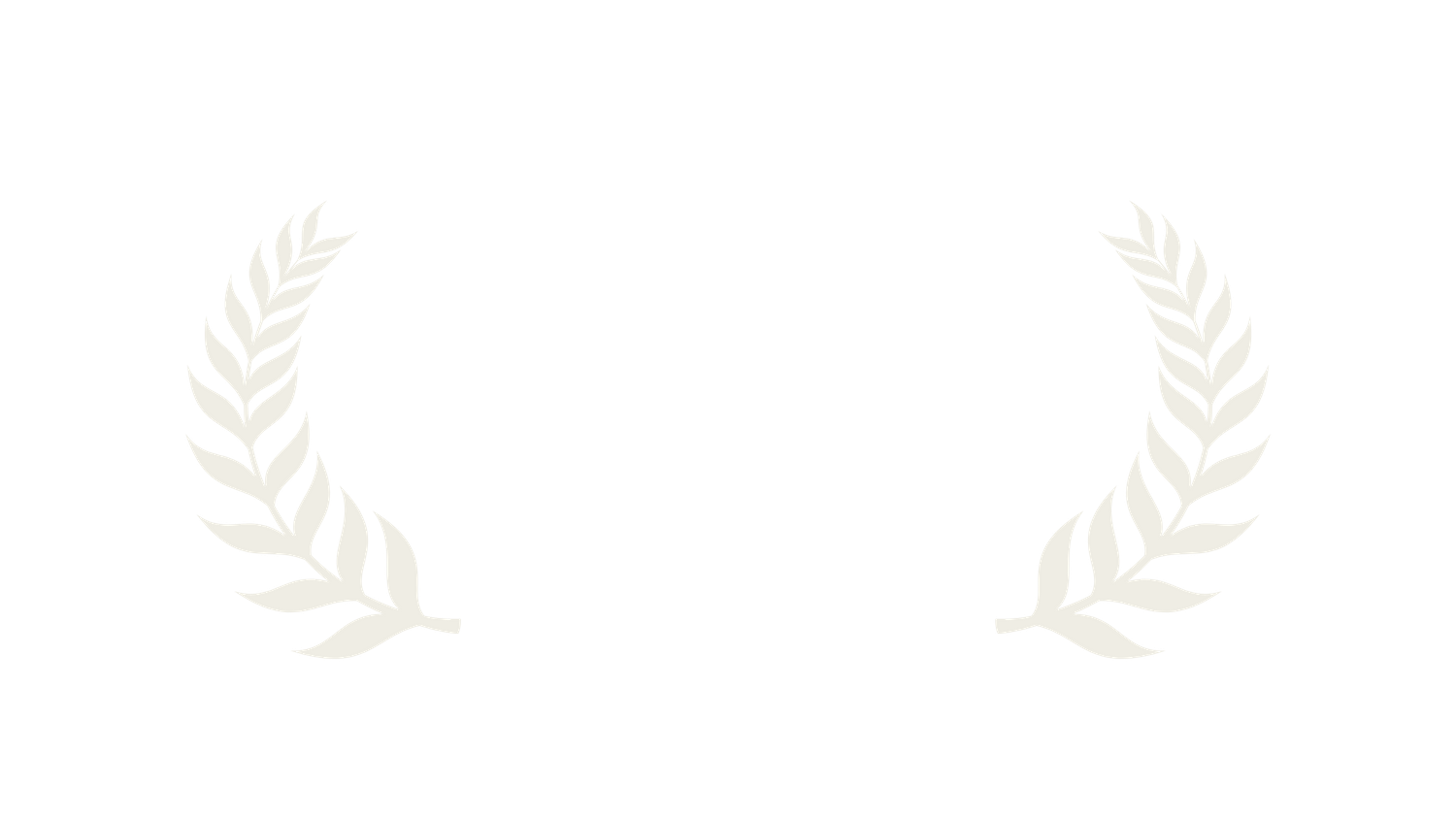 Simple black and white laurel wreath design on dark background.
