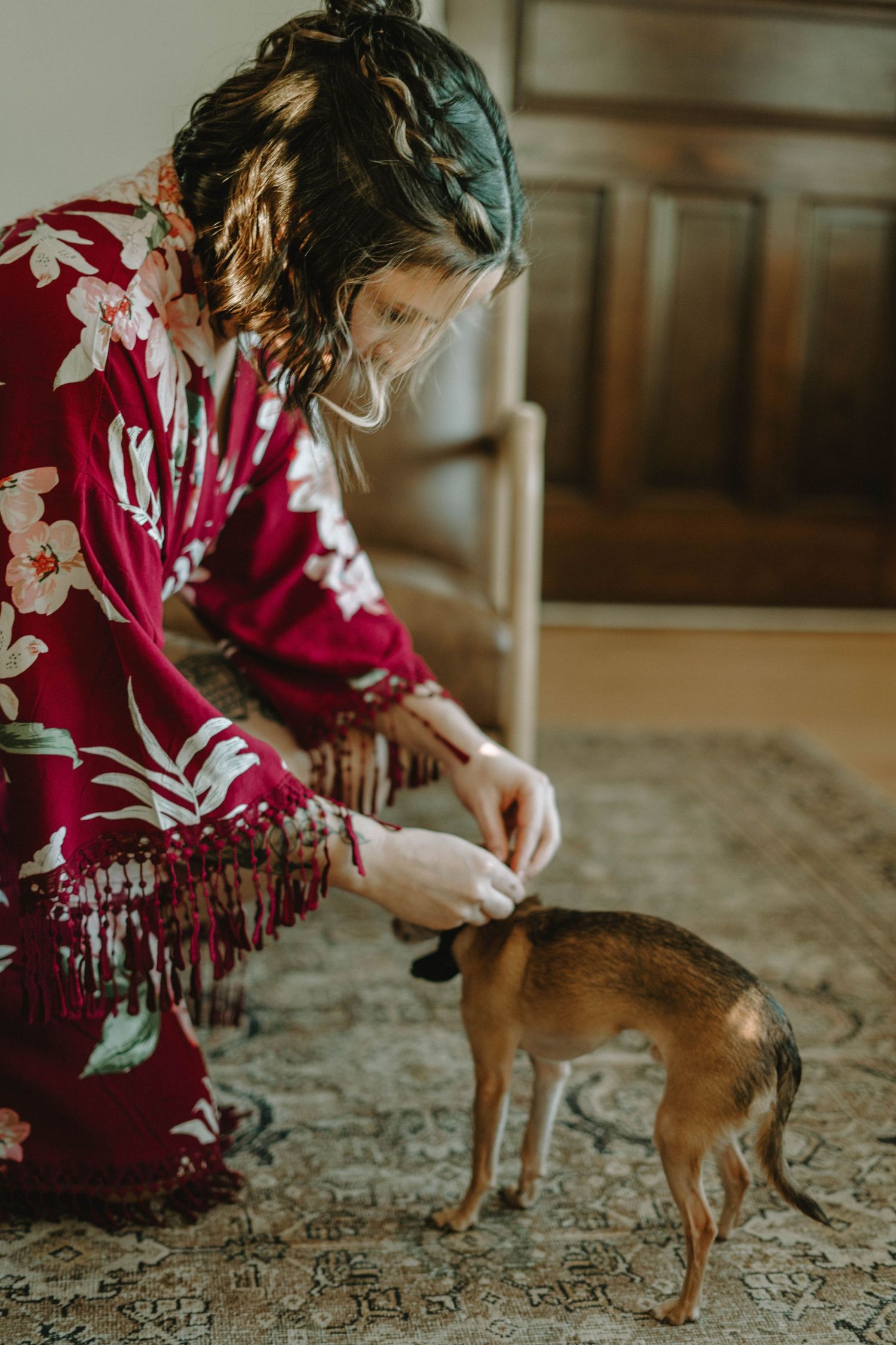 A person in a red floral robe kneels down to interact with a small Chihuahua dog on an ornate rug.