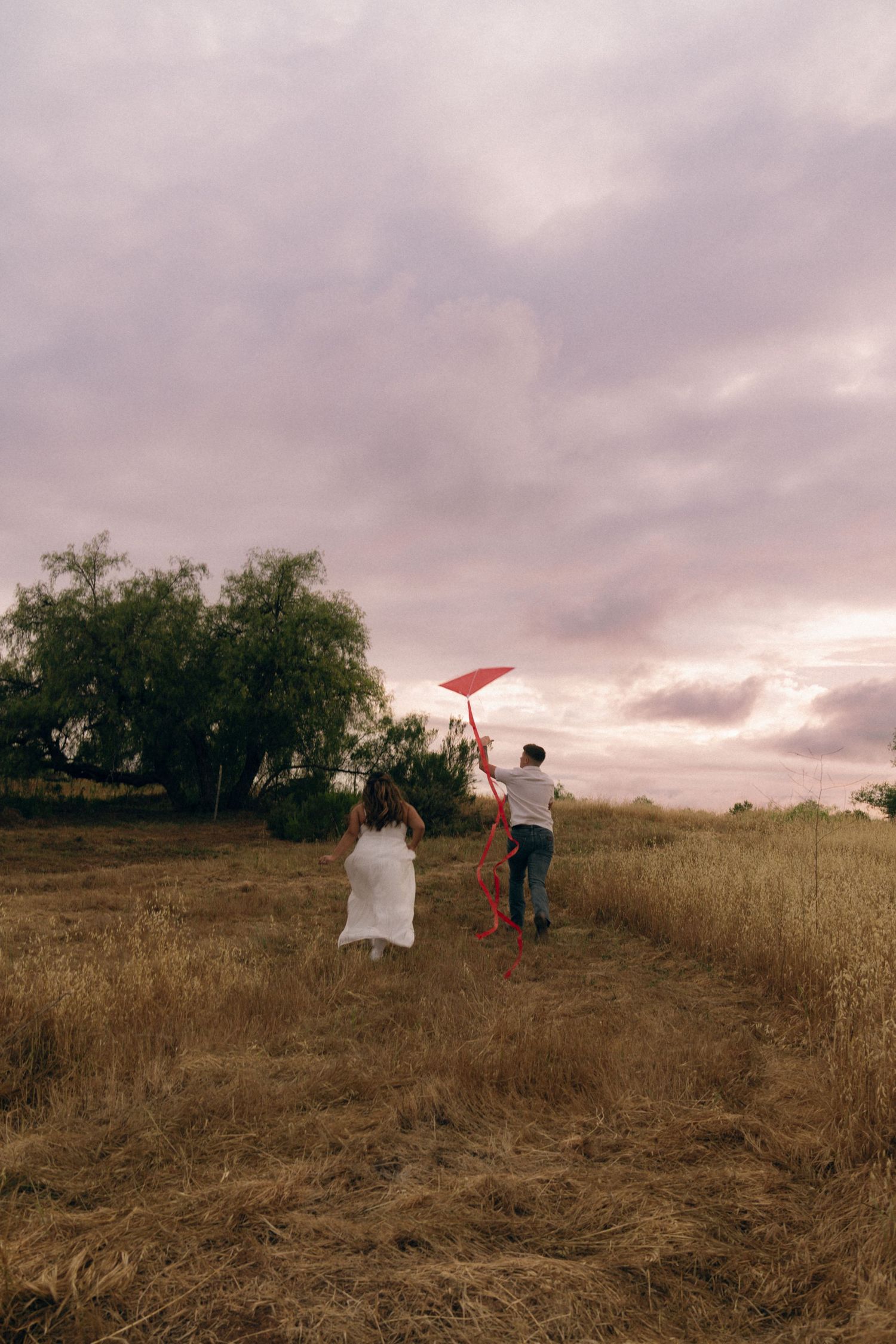 Couple running through golden field at sunset, woman in white dress, man holding red kite, dramatic cloudy sky.