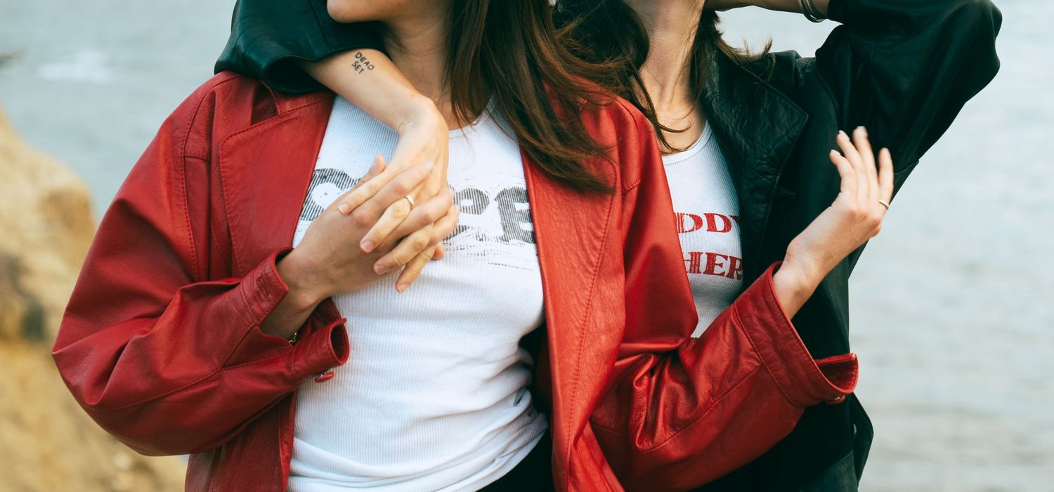 Cropped closeups show different parts of outfits including a green jacket, white tops, and red layered clothing pieces.