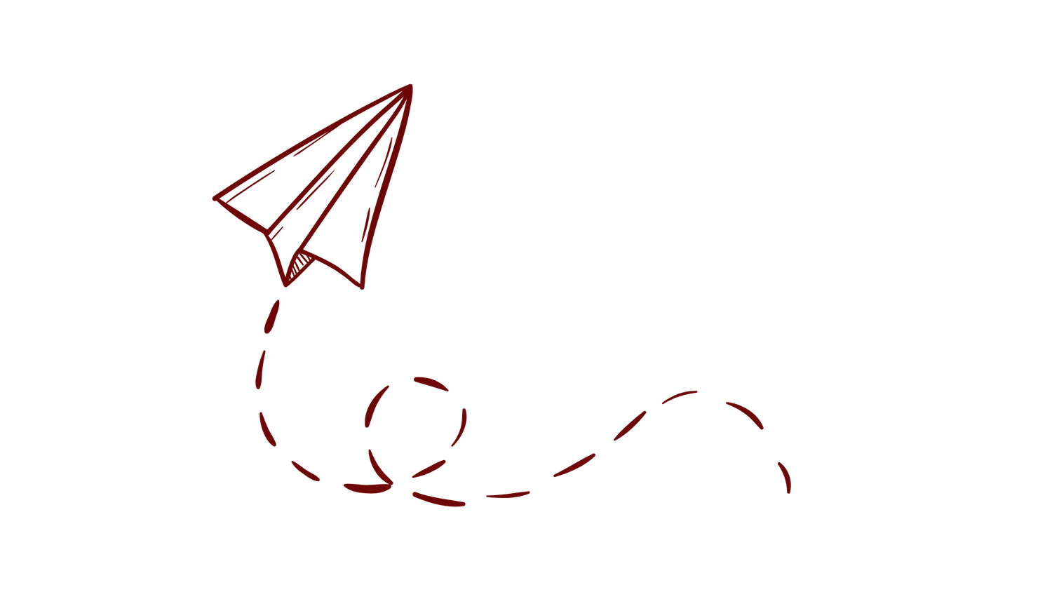 Red neon illustration of a paper airplane with dotted trail line glowing against dark background.