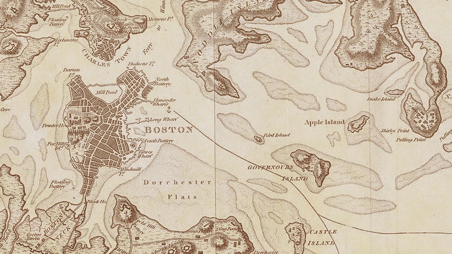 Vintage sepia tone topographical map showing coastal terrain and settlements.