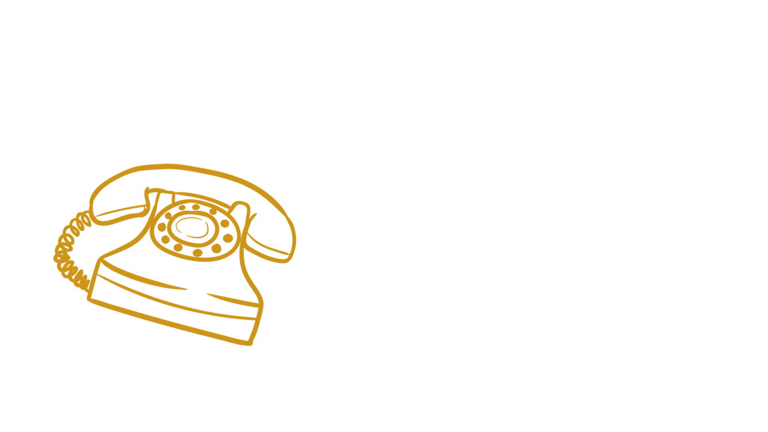Golden line art illustration of a vintage rotary telephone on black background.