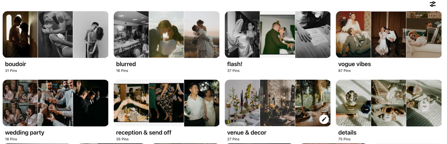 Soft-focus photography grid showcasing tender moments between couples, nature scenes and wedding ceremonies.