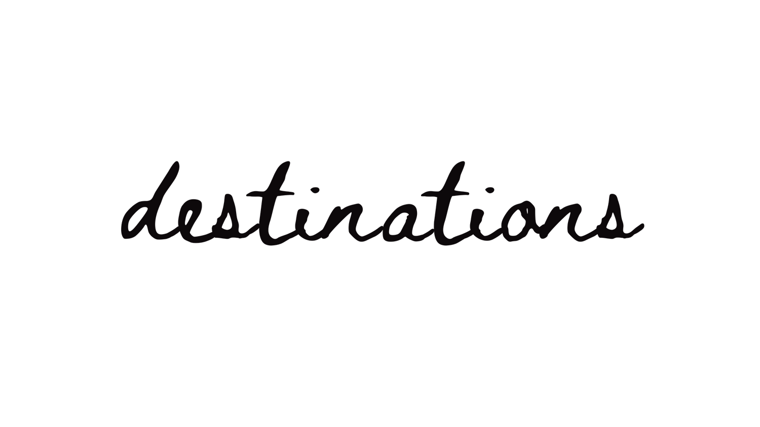 Black handwritten text reading 'destinations' on dark background.