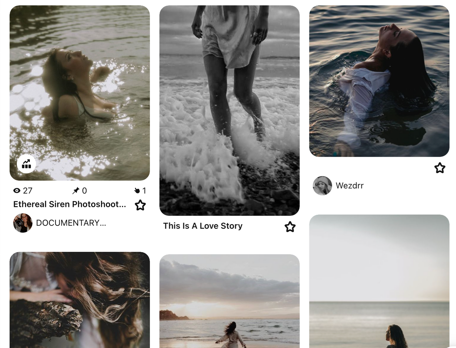 A collection of moody beach and ocean themed photos showing silhouettes against water and waves in black and white tones.