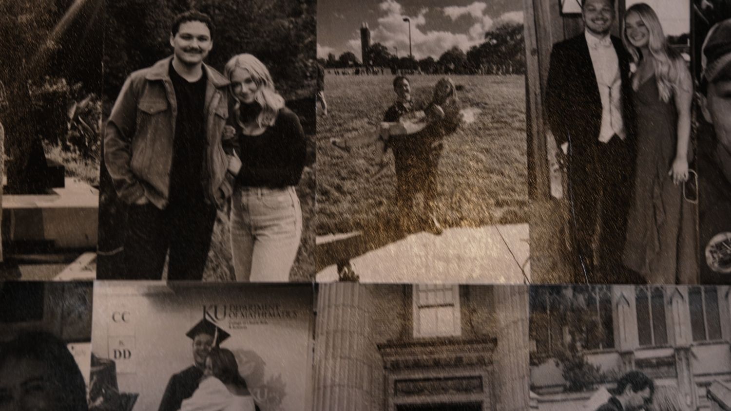 Vintage black and white photo collage featuring couples and individuals in casual and formal settings outdoors.