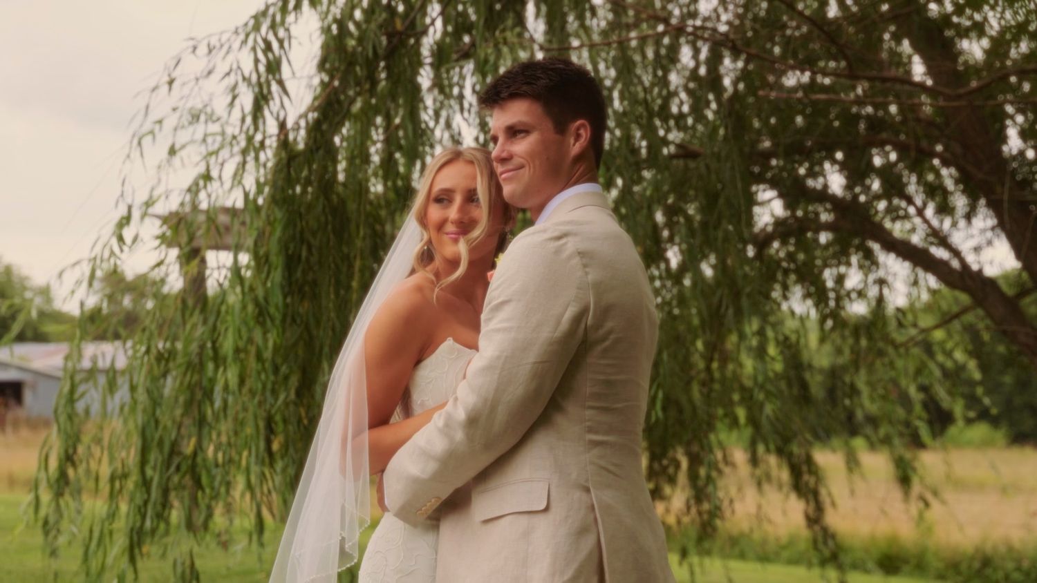 Wedding couple embraces beneath a flowing willow tree on a sunny summer day in a scenic field.