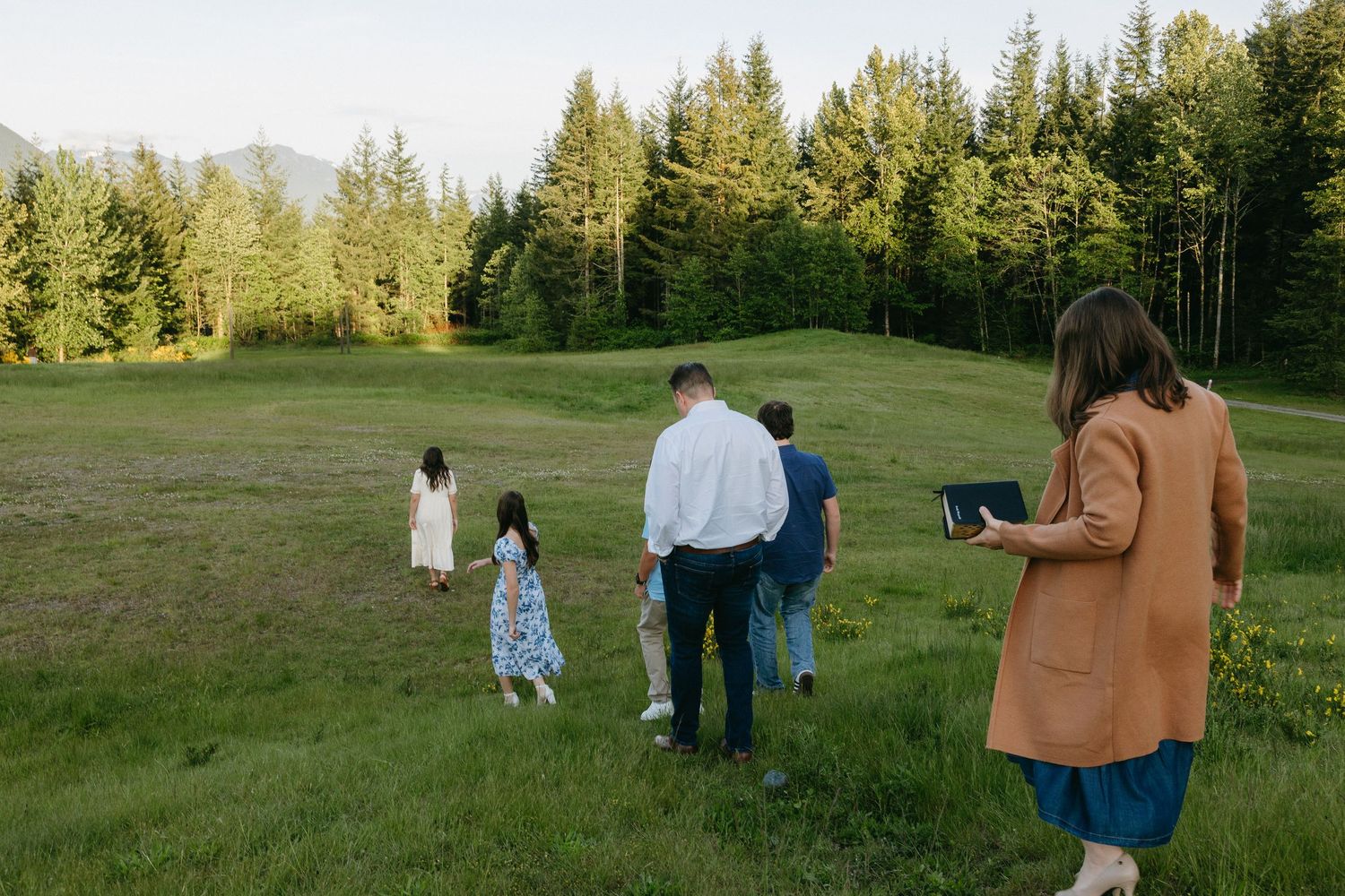 People walking together through a lush green meadow with evergreen trees in the background during golden hour.