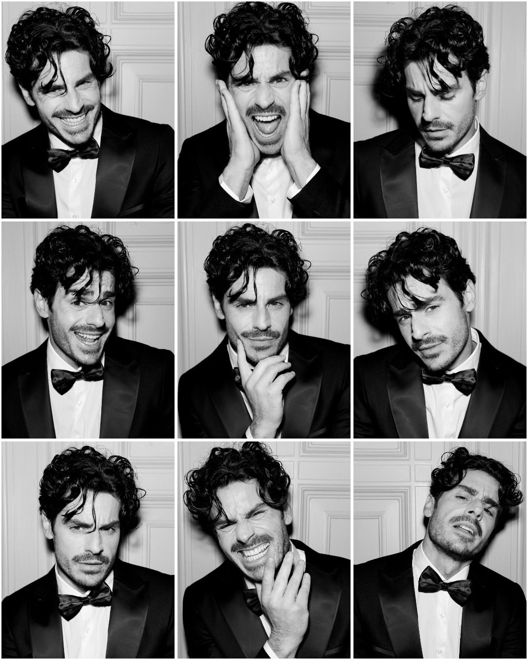 Black and white photo grid showing expressive poses in formal attire.