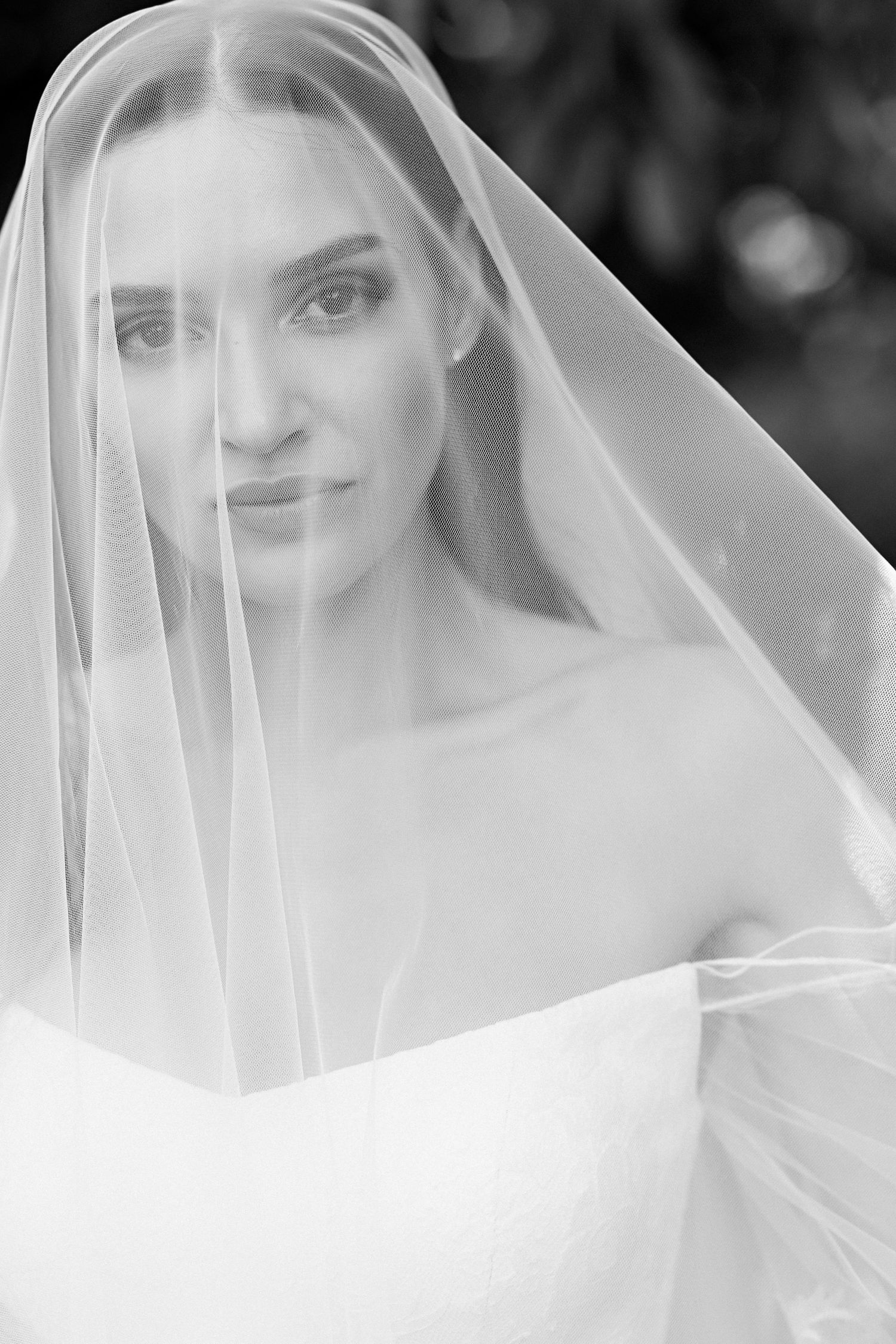 A delicate bridal portrait showing a sheer veil framing an elegant strapless wedding dress.
