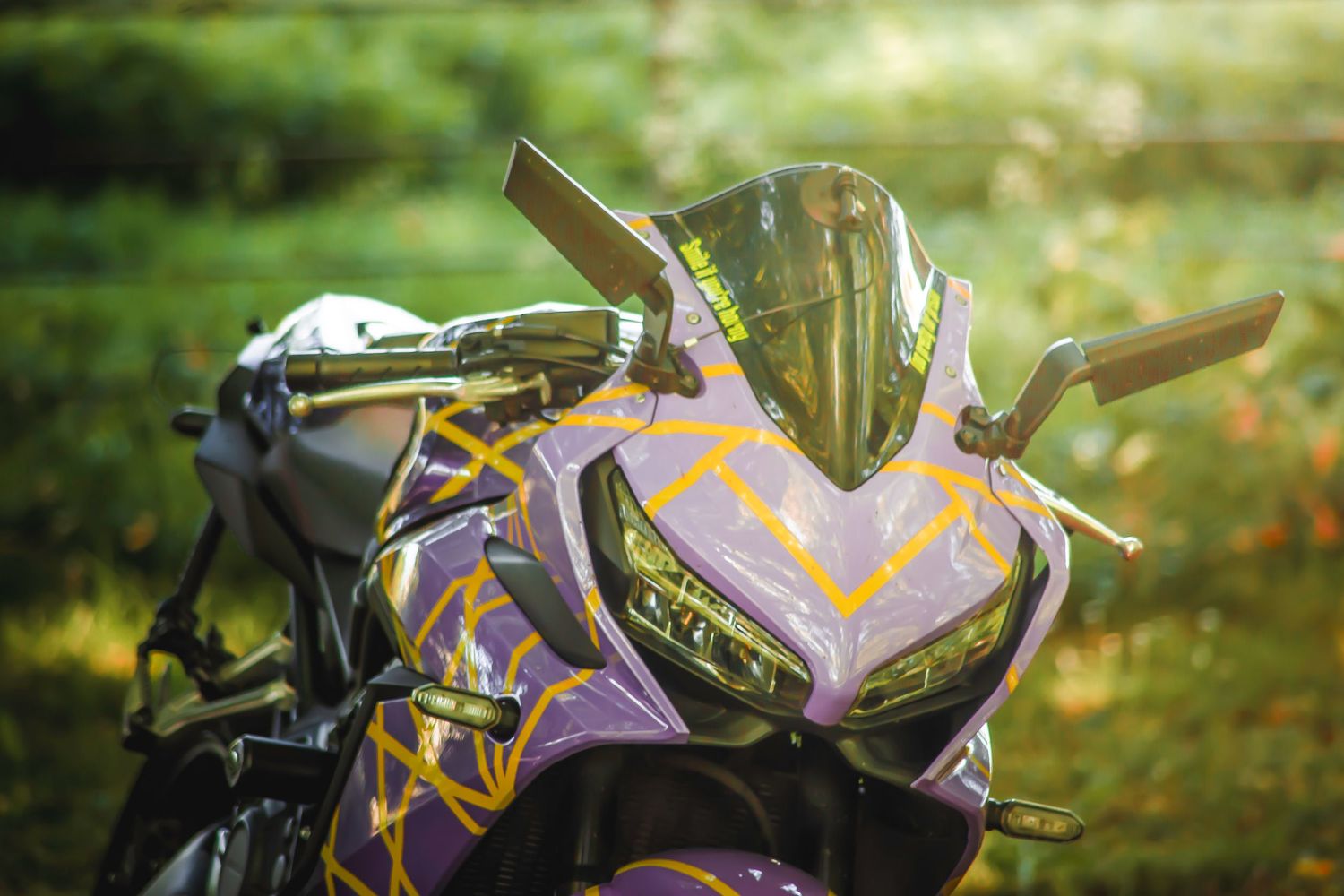 Purple and gold motorcycle fairing photographed in natural outdoor lighting.