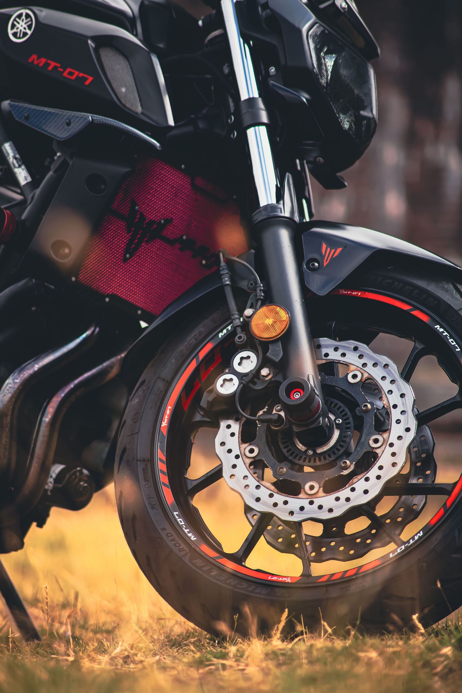 Close-up view of a motorcycle's front wheel brake disc system with detailed perforations against a warm sunset background.