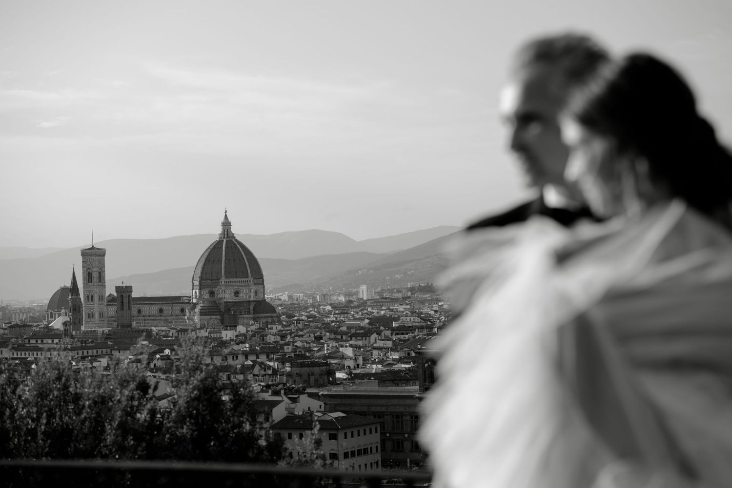 Timeless wedding portrait with Florence skyline view at Villa il Garofalo, Intimate destination wedding photographer Tuscany.