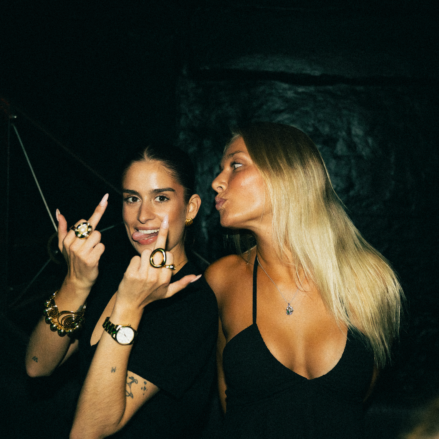 Eight sequential party photos show friends dancing and posing together in a dimly lit nightclub setting.