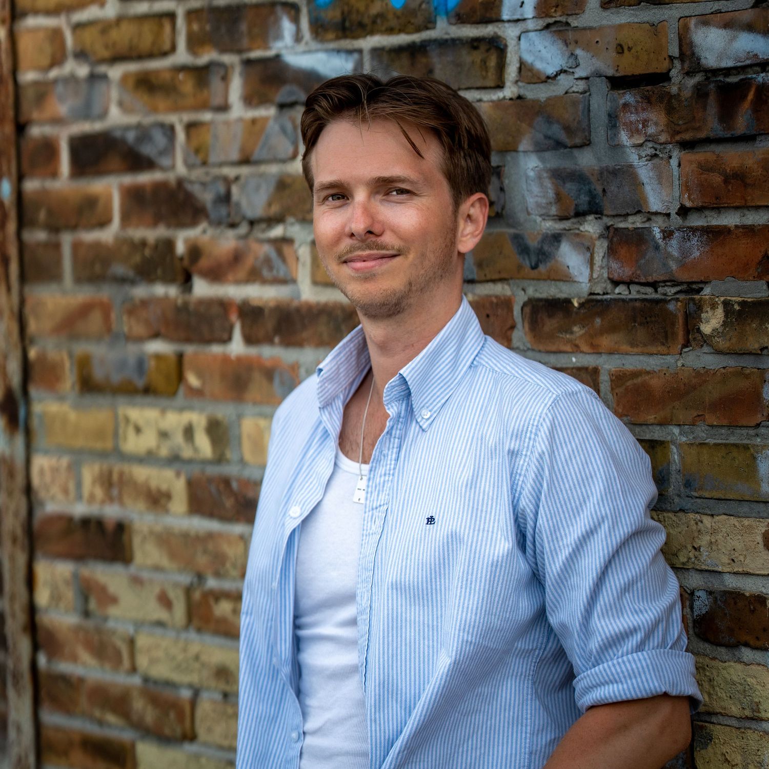 Professional portrait of a person in a light blue button-down shirt smiling against a rustic brick wall background.