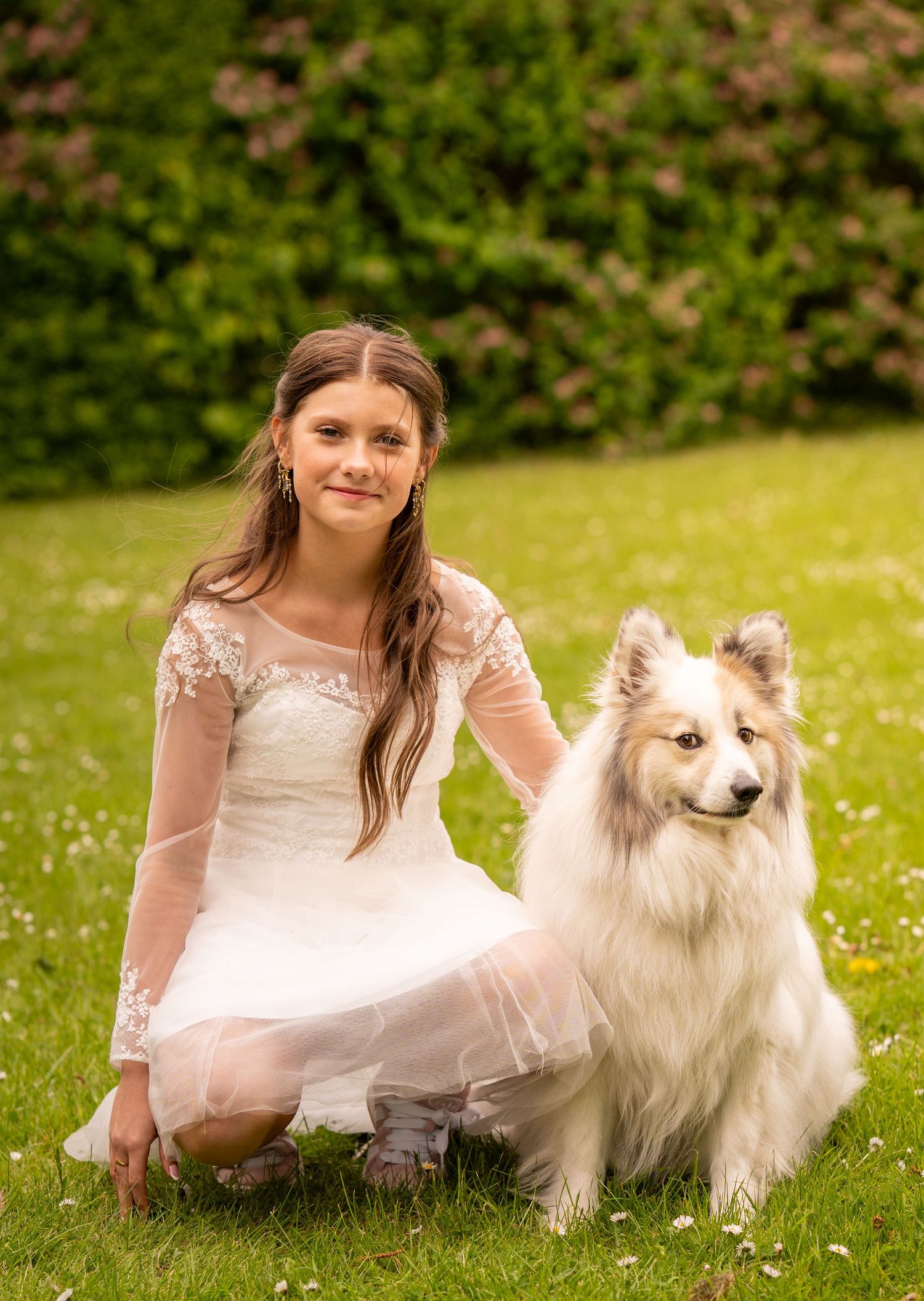 A beautiful white Shetland Sheepdog sits on a grassy lawn beside someone wearing a delicate cream-colored lace dress.