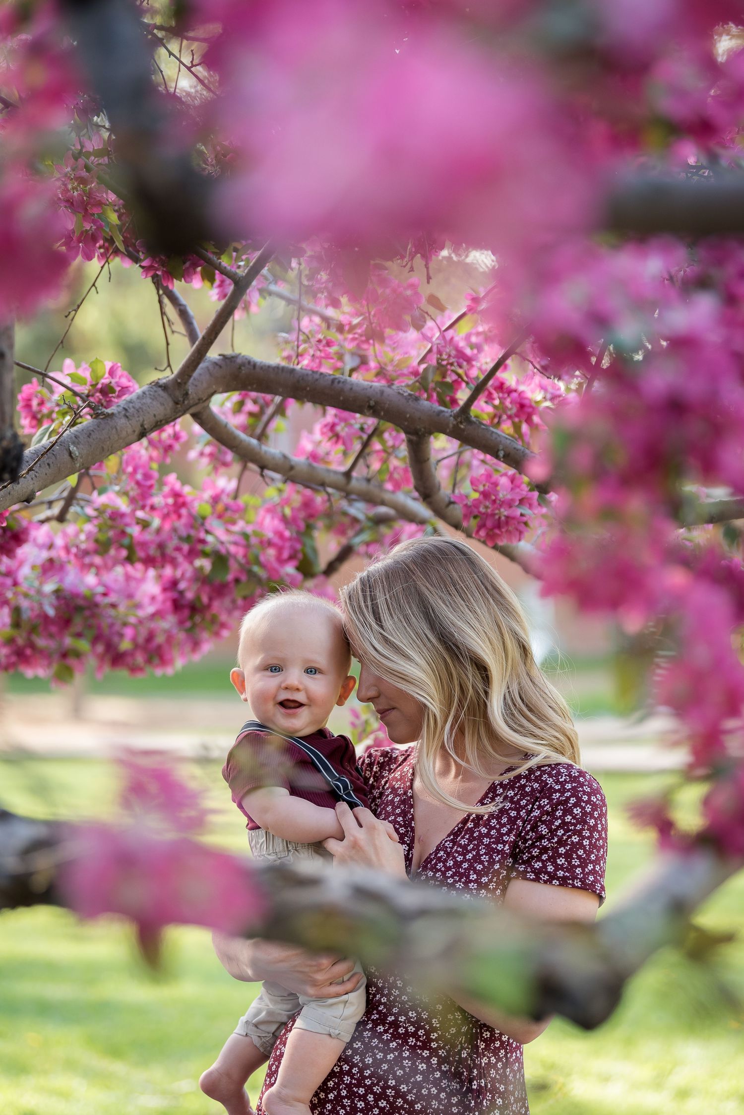 Mother and baby sharing joyful moment under blooming cherry blossom trees.