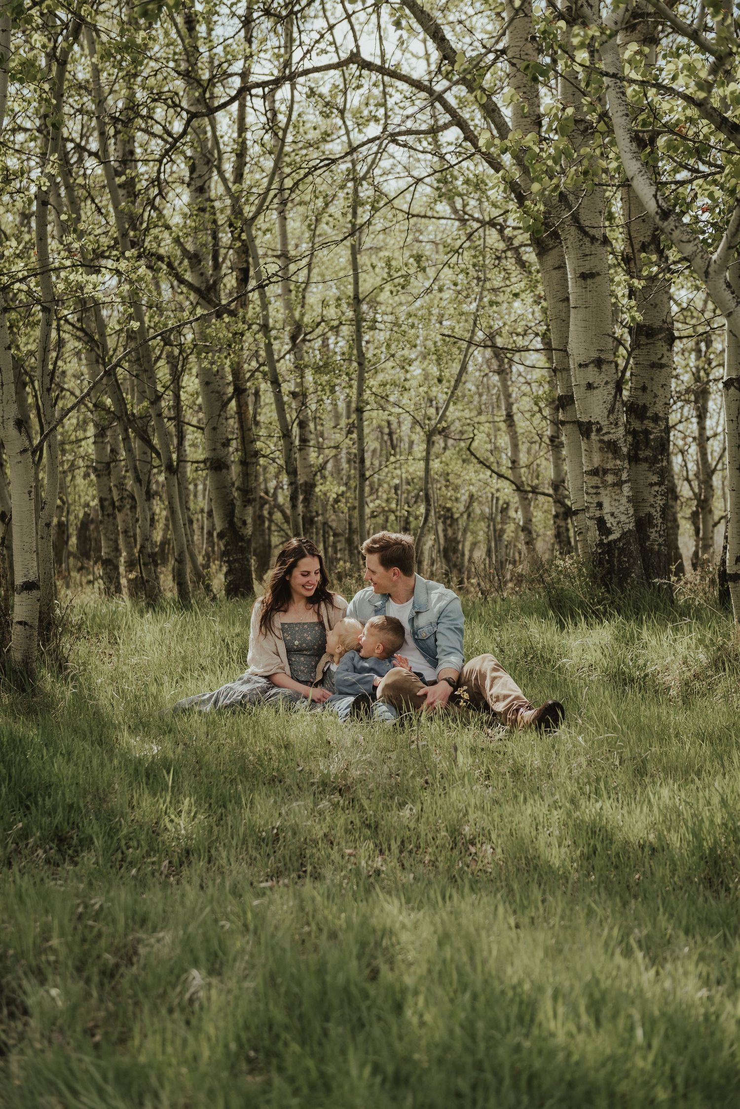 Family relaxing together on grass in a serene aspen grove during golden hour.