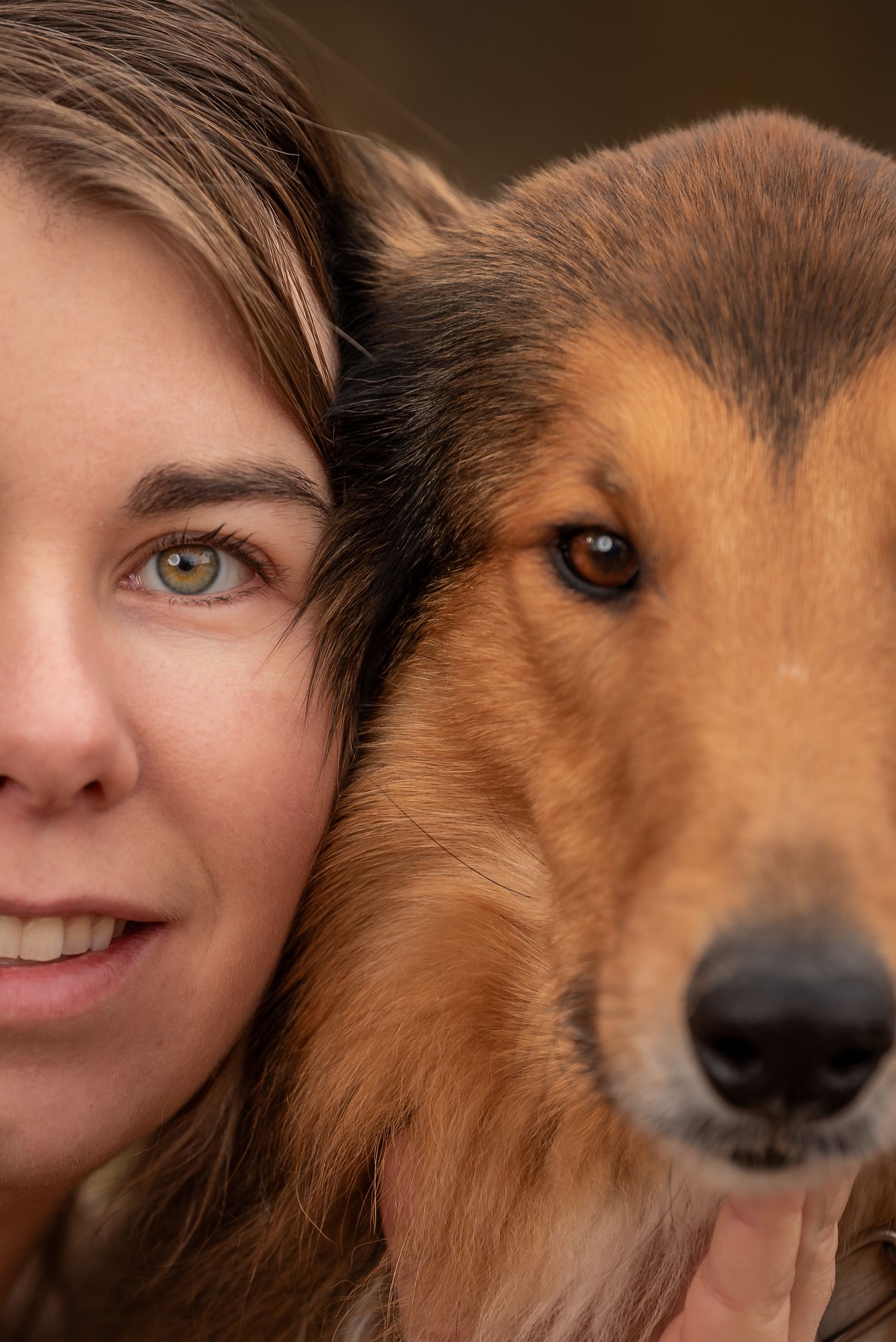 A close-up portrait showing half a face alongside a collie dog's profile.