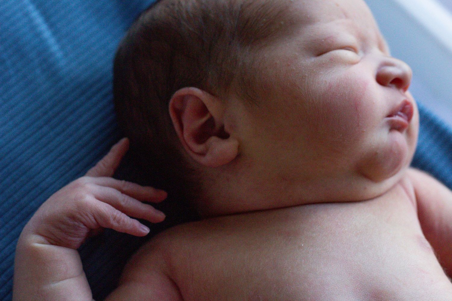A serene newborn resting on blue fabric in soft lighting.