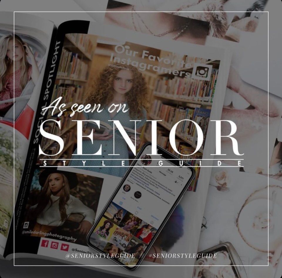 A stylish social media collage with 'As Seen on Senior' text overlay and Instagram-style photo layouts.