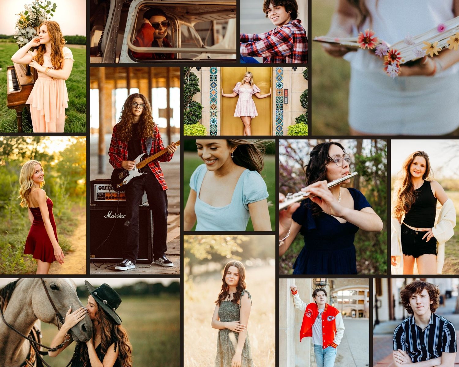Collage of North Texas senior portraits in  DFW locations, showcasing diverse styled senior photo sessions
